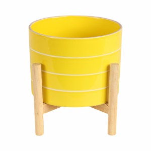 Vaso in Ceramica a Righe con Supporto in Legno, Colore Giallo, per Arredamento Casa, Fioriera per Interni ed Esterni - Product Image 4