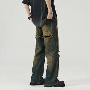 ผู้จัดจำหน่ายแบรนด์ต่างประเทศ --- กางเกงยีนส์ทรงตรงแบบขาดสไตล์ย้อนยุคยุโรปและอเมริกา - Product Image 1