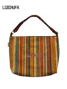 Grand sac fourre-tout à bandoulière en toile de coton rayée, sac de shopping grande capacité, sac à main portable tendance et élégant pour femmes - Product Image 6