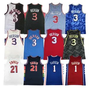 2024 76 grosir Mesh Retro Stitch Basket kemeja Harden 1 Allen Iverson 3 Joel Embiid 21 kustom Basket Jersey untuk pria