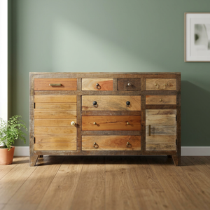 Industrial Vintage Solid Mango Wood Farmhouse <b>Storage</b> Cabinet 2 Doors 8 <b>Drawers</b> Eco-Friendly Durable Large Capacity Living Villa - Product Image 3