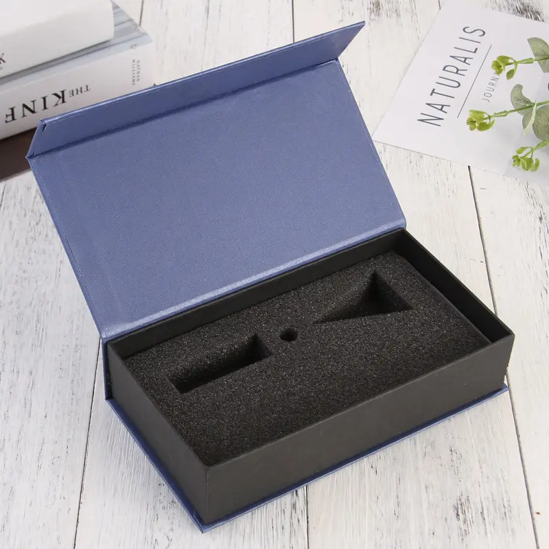 Luxury blue Book Shaped Rigid Paper Packaging Magnetic Gift Boxes With EVA Foam Insert Hardware packaging Shaver packaging box