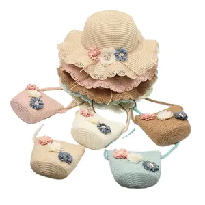 여름 아기 꽃 통기성 밀짚 모자 핸드백 키즈 모자 소년 소녀 태양 바이저 UV 보호 파나마 모자 고라스