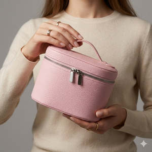 Coffee Litchi Pattern PU Leather <b>Makeup</b> Bag Cylindrical Travel Toiletry <b>Case</b> Large Capacity Vanity Organizer Cosmetic Box Handle - Product Image 5