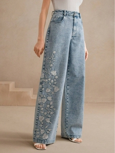 Jeans à jambes larges brodés de fleurs pour femmes, pantalon en denim ample, jeans patchwork taille haute, fabrication OEM en gros - Product Image 4