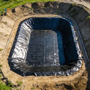 แผ่นกันซึม HDPE สีดำ ป้องกันรังสียูวี สำหรับบ่อหมักก๊าซชีวภาพอุตสาหกรรมสมัยใหม่  บ่อปฏิกิริยาแบบไร้อากาศ  บุผนังบ่อขยะ และบ่อเก็บน้ำ - Product Image 1