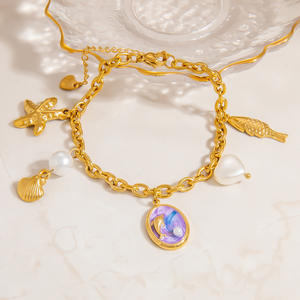 Ocean Theme Charm <b>Bracelet</b> Zinc Alloy Gold Tone Dolphin Pearl Sea <b>Shell</b> Starfish Pendant Women's Jewelry Gift - Product Image 1