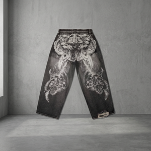 Jean baggy homme personnalisé, coupe droite, taille mi-haute, style streetwear, en denim épais imprimé, effet vieilli, bords bruts, style hip-hop - Product Image 4