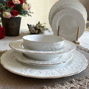 YDY売れ筋リビアチュニジアゴールドリム24個白磁器エンボスセラミックディナープレートとボウルセット食器 - Product Image 2
