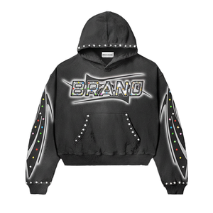 Vente en gros : Sweat à capuche zippé pour homme, streetwear personnalisé, coupe oversize, 100% coton lavé, grammage lourd 500 grammes, imprimé en relief avec strass, haute qualité - Product Image 1