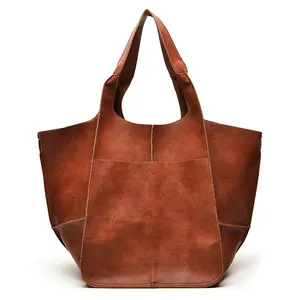 Factory Wholesale Oversized Bag Large Leather Tote Bag Soft Leather Shoulder bag Cognac Handbag for Women