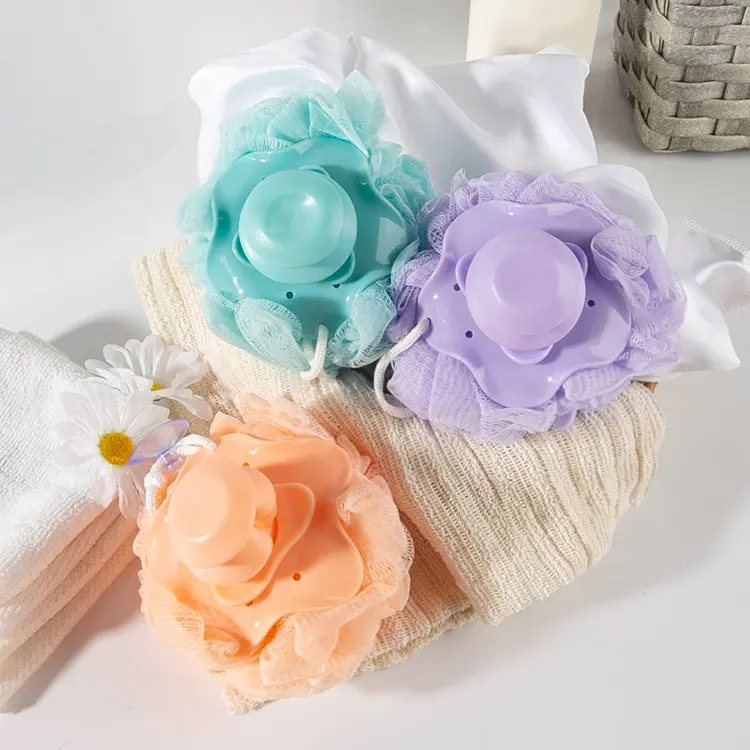 GLOWAY Promotional Body Massage Cleaning Ball Soap Dispenser Shower Pouf Mesh Bath Shower Loofah Sponge With Suction Cup