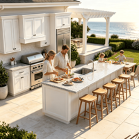 Cuisine extérieure moderne style Hamptons, armoire de cuisine résistante aux UV et au sel, îlot BBQ blanc Shaker, évier, robinet et charnières durables
