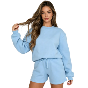 Sudadera Holgada Informal Personalizable con Cuello Redondo, de Algodón de Bambú, con Pantalones Cortos, Conjunto Deportivo para Mujer - Product Image 2