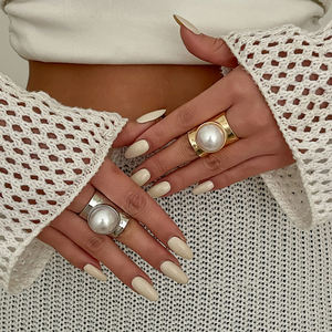 خواتم لؤلؤ كبيرة ومبالغ فيها نصف الكرة ، خواتم مكتنزة للنساء ، خواتم نسائية عصرية لحفلات السيدات ، إصبع واسع ، خاتم ، إكسسوارات مجوهرات أنيقة - Product Image 2