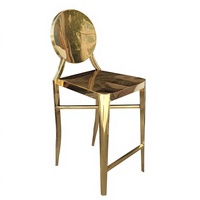 Tabouret de bar empilable moderne en plastique avec cadre en acier inoxydable, dossier haut, chaise de comptoir pour hôtels, événements, mariages, or/argent