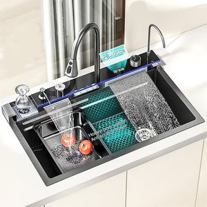 KAHNOS LED Digital Smart Waterfall <b>Faucet</b> 304 Stainless Steel Multifunction Large Single Bionic Wash <b>Basin</b> Modern Kitchen Sink - Product Image 1