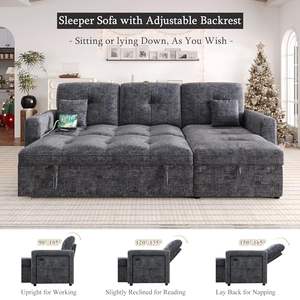 Canapé sectionnel LED en chenille avec lit gigogne convertible en forme de L, rangement, chaise longue, dossier réglable, USB - Product Image 3