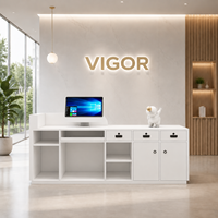 Bureau d'accueil moderne et créatif blanc mat avec panneau ondulé bleu et bande LED pour hall d'entreprise, service OEM ODM personnalisé