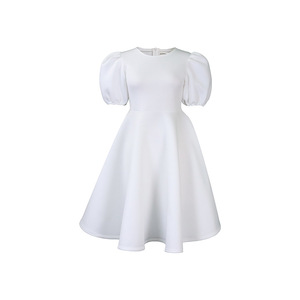 Robes d'été élégantes pour femmes en gros, col rond, manches courtes, taille cintrée, jupe évasée mi-<span class=keywords><strong>longue</strong></span>, tissée unie, écologique - Product Image 5