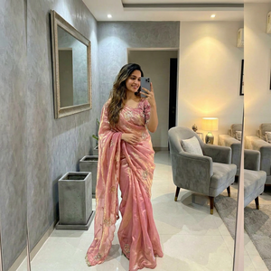 Elegant Rich Look Silk Fabric with Amazing Embroidery Beats Work <b>Saree</b> Heavy Butta Design with <b>Readymade</b> <b>Blouse</b> Available - Product Image 1