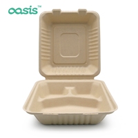 Contenants alimentaires à emporter Oasis 100 % compostables, type clamshell, 8x8 pouces, 3 compartiments, en bagasse robuste, écologiques et hydrofuges
