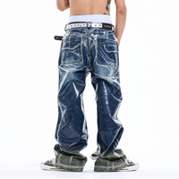 DiZNEW Jeans Baggy Personnalisés Effet Brillant Double Ceinture Denim Ciré Lourd OEM Pantalons Streetwear Haut de Gamme