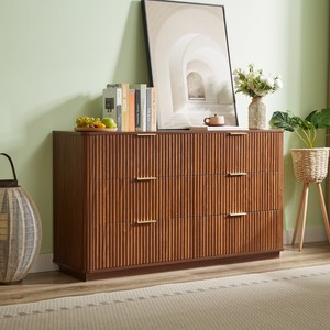 Commode moderne à 6 tiroirs en bois massif avec design ondulé incurvé, meuble TV de 55 pouces de large pour chambre, salon et couloir - Chêne - Product Image 2