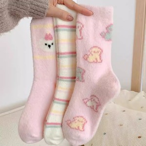 Pink Striped Women's Mid Calf Socks Thicken Plush Sleep Socks For Autumn Winter Japanese Sweet Cartoon Puppy Slouch Socks - Product Image 4