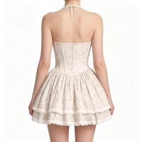 Minivestido Corsé Halter Floral Beige con Lazo Delantero, Falda Plisada y Ribete de Encaje, Estilo Dulce Cottagecore para Fiesta, Ropa de Verano para Mujer
