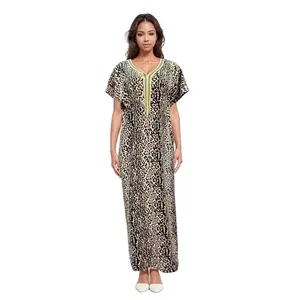 Fashion Casual Style V Neck Ant Cloth Short Sleeve Folkloric Graphic Embroidery African Women Abaya Leopard Dress