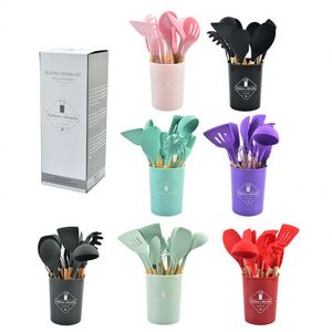 Ensemble d'ustensiles de cuisine en silicone à manche en bois, 12 pièces, spatule et cuillère à soupe, qualité alimentaire, résistant aux hautes températures, vente chaude - Product Image 1