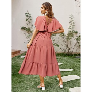 Femmes décontracté à manches courtes col en V Floral Maxi robes Boho plage <span class=keywords><strong>Photoshoot</strong></span> fluide à volants invité de mariage Premium longue robe - Product Image 2