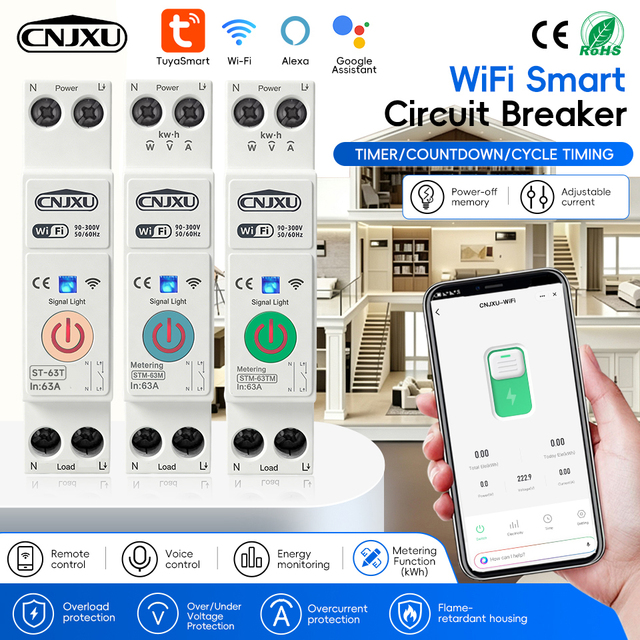 63A Tuya Metering Wifi Circuit Breaker Over Current Under Voltage Protection OVerload protection  Wireless Remote Control Switch