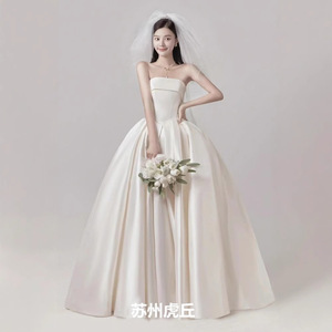 White Strapless Satin Wedding Dress Empire Waist A-Line Minimalist Design For Photoshoots - Product Image 5