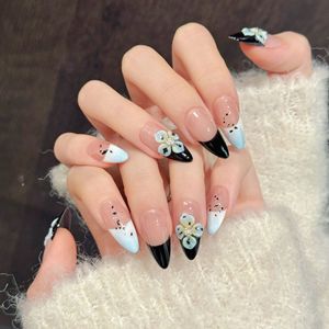 Ongles à presser 3D faits main extra longs, base nude transparente, dégradé noir et <span class=keywords><strong>bleu</strong></span> ciel, French manucure faite main, teinte pâle - Product Image 5