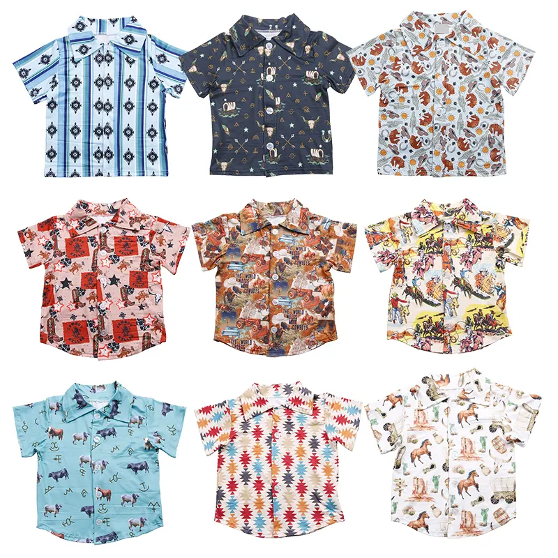 Hot Selling Children Clothes Boys Custom Design Western Cowboy Soft Fabric Stretchy Button Up Shirts