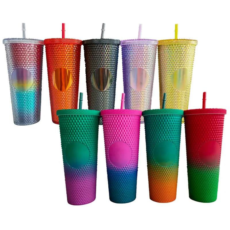 2023 NEW Hot DIY 16oz 24oz Cold Coffee Mug Double Wall Plastic Iridescent Matte Studded Cups Tumbler with Straw Lid