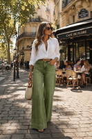 Jean évasé taille haute vert olive pour femme – Style rétro décontracté pour le quotidien et les vacances