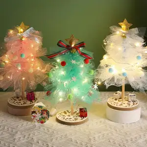 30cm DIY Mini Pink Christmas Tree Ornaments Led Shiny Mesh Yarn Xmas Mini Tabletop Christmas Tree Decoration