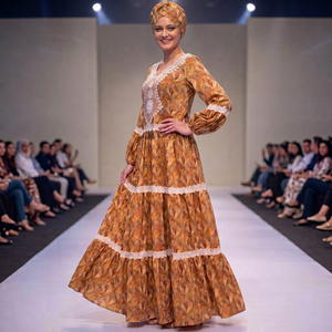 Vestido Maxi Africano Tradicional para Mujer, Ligero, Transpirable y Ecológico, con Estampado Floral Dorado y Ribete de Encaje, Estilo Bishop - Product Image 1