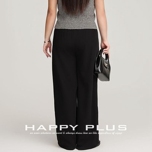 Pantalon de costume plissé taille haute à jambes larges Happy Plus N9117 pour femme, grande taille, en crêpe noir kaki, avec ceinture élastique - Product Image 3