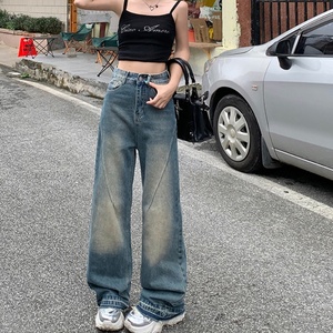 Jeans Factory American Vintage Washed High-waisted Loose Baggy Wide-leg Breathable Straight Leg Casual Summer Denim Jeans Female - Product Image 4
