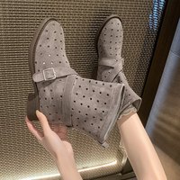 Bottines rétro à boucle creuse pour femmes, talon épais, denim western, respirantes, antidérapantes, durables