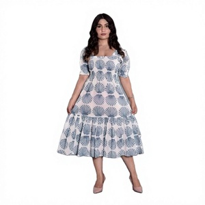 Robe midi en coton bleu à imprimé coquillage pour femme, col carré, manches bouffantes, coupe trapèze, ajustement régulier, sexy, club, écologique, couleur bonbon, été - Product Image 1