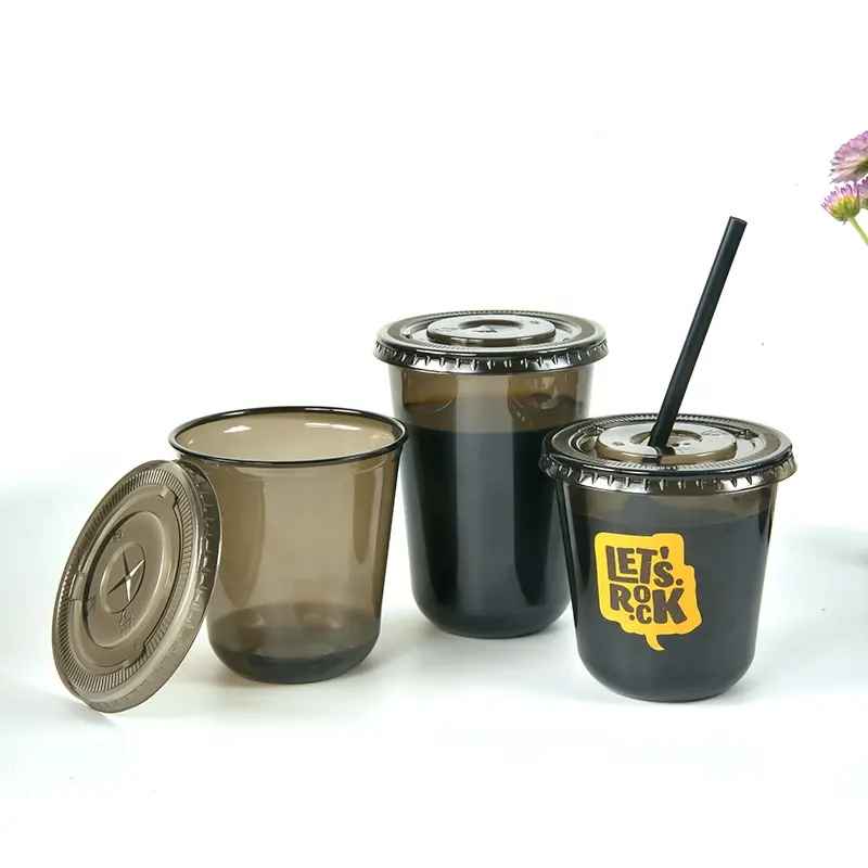 Black pet cup U Shape PET Juice Boba Milk Bubble Tea Cup 12oz 14oz 16o360ml 400ml 500ml U Shape plastic Cups with lids