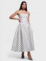 Robe longue plissée à pois pour femme, col carré, bretelles spaghetti, taille haute, avec poches, élégante pour les vacances et les soirées