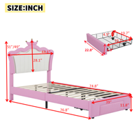 Lit capitonné moderne Willsoon pour filles, style princesse rose, avec tête de lit en forme de couronne, éclairage LED d'ambiance, tiroir de rangement, chambre d'enfant rembourrée