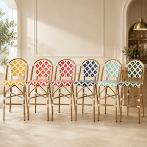 Tabouret de <span class=keywords><strong>bar</strong></span> moderne en aluminium aspect <span class=keywords><strong>bambou</strong></span> et rotin PE pour hôtel, restaurant, salle à manger extérieure, comptoir de luxe - Product Image 2