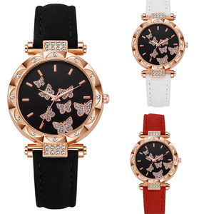 <span class=keywords><strong>Montre</strong></span> de luxe pour femmes avec bague en papillon et diamant bon marché <span class=keywords><strong>Montre</strong></span> pour femmes décontractée noire à la mode avec bracelet en cuir - Product Image 1